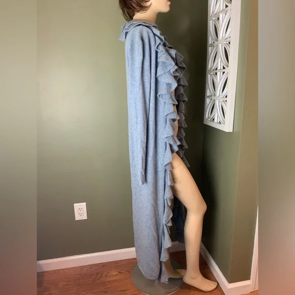 Ralph Lauren black label 100% Cashmere Soft Blue Knit ruffled duster  medium - Picture 3 of 8